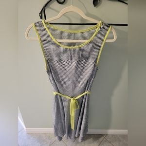 Laura polka dot semi-sheer midi dress w/ lime green trim & belt, size 8